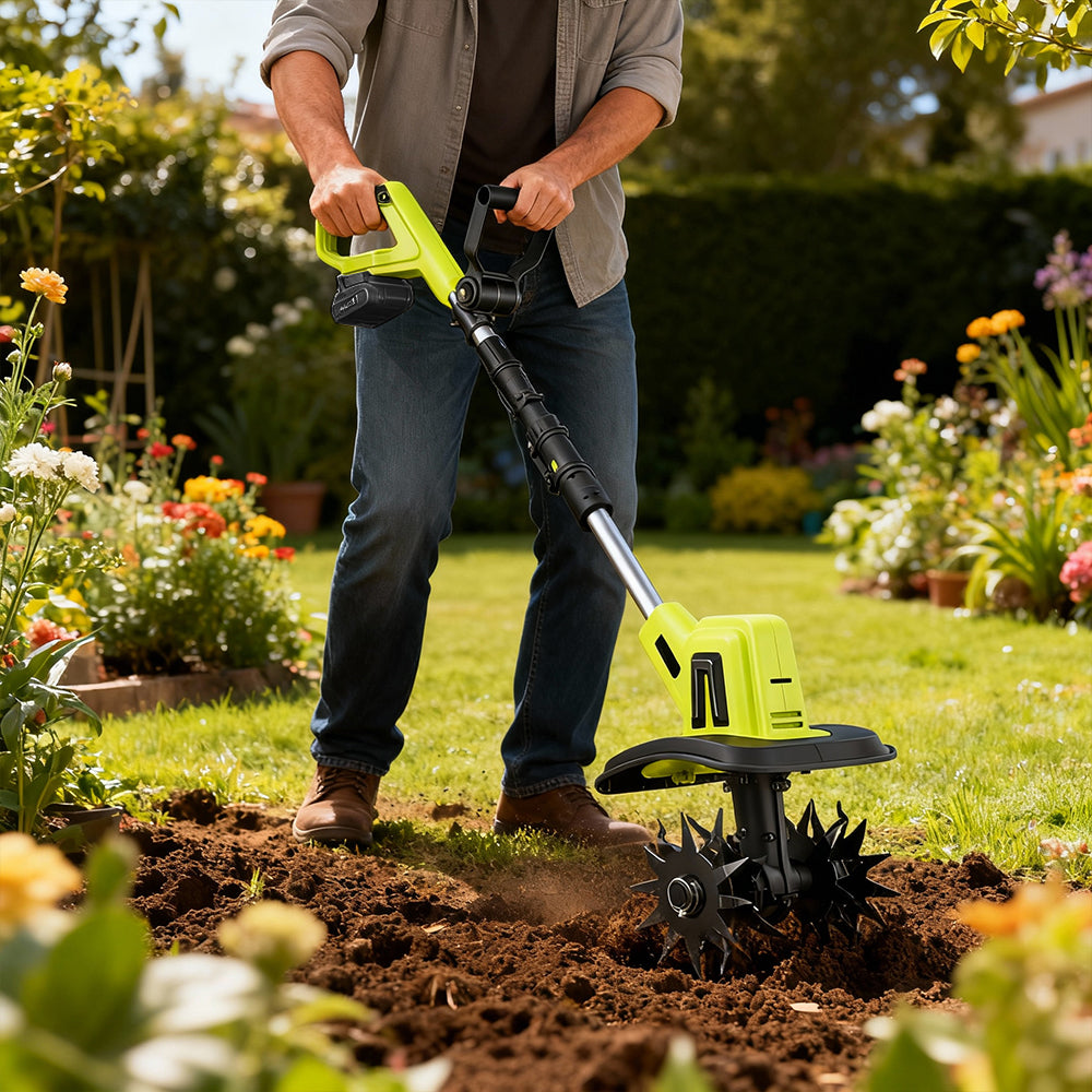 22V Cordless Garden Tiller 9 Width Lightweight Cultivator with 2 Batteries