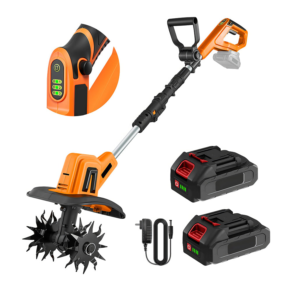 22V Cordless Garden Tiller, 9" Width Lightweight Cultivator with 2 Batteries